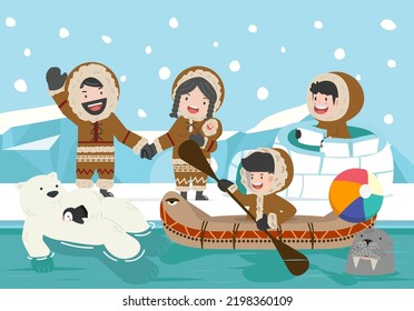 eskimo family North pole background
