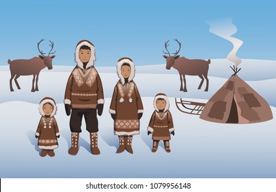 Eskimo family in traditional outfit standing by inuit hut. Eskimos and deers on snowy Northern landscape. Flat vector illustration. Horizontal