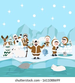 Eskimo family winter north pole arctic concept