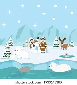 Eskimo family winter north pole arctic background