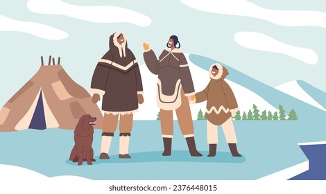 Eskimo Family, Wrapped In Warm Furs, Stands By Their Traditional Yurt, Smiling And Waving With Joy, Vector Illustration