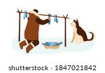 Eskimo fisherman hanging dried fish. Traditional food preparation of esquimau people in snowy alaska. Flat vector cartoon illustration isolated on white background