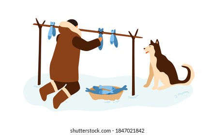 Eskimo fisherman hanging dried fish. Traditional food preparation of esquimau people in snowy alaska. Flat vector cartoon illustration isolated on white background