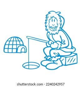 Eskimo Pescando Con La Construcción De Una Casa De Hielo De Igloo. Ilustración del vector de pesca polar. Personaje de caricatura esquimal
