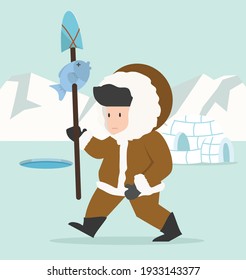 Eskimo fishing with igloo ice house