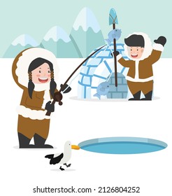 Eskimo fishing with igloo ice house winter