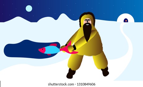 Eskimo fishing on the north pole, inuit hanging the fish out of water, ice and snow north pole illustration
