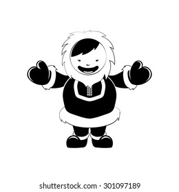 Eskimo. Funny character with big smile. One color vector picture isolate on white background