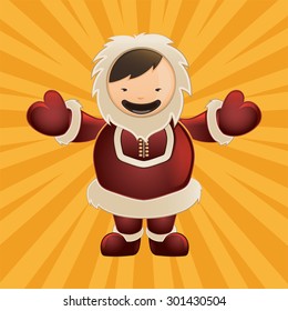 Eskimo. Funny character with big smile. Color vector picture isolate on yellow background