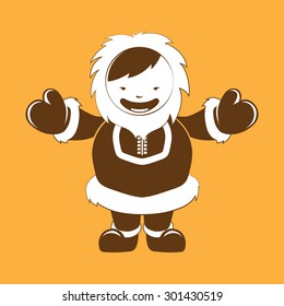 Eskimo. Funny character with big smile. monochrome vector picture isolate on yellow background