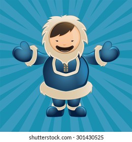 Eskimo. Funny character with big smile. Color vector picture isolate on blue background