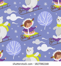 ESKIMO GIRL BEAR Winter Child Comic Funny Flat Design Cartoon Hand Drawn Seamless Pattern Vector Illustration For Print