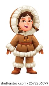 Eskimo girl character in traditional fur outfit. Vector cartoon illustration