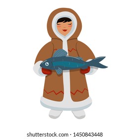 Eskimo girl with fish. Vector graphics isolated on white background.