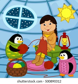 Eskimo girl knits sweater for penguin - vector illustration, eps