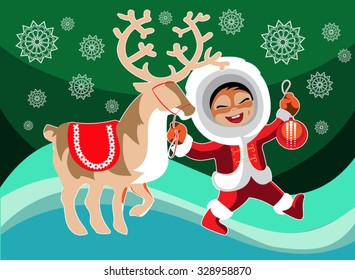 Eskimo girl leads a reindeer on the tundra
