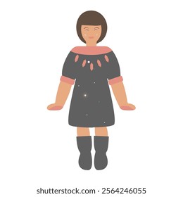 Eskimo girl national dress with  accessories. Cartoon Alaskan women's clothing. Isolated handmade on a white background. Vector illustration  of a character.