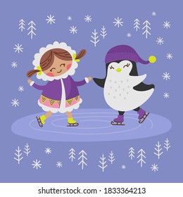 ESKIMO GIRL AND PENGUIN Alaska Winter Holiday Comic Funny Animal Flat Design Cartoon Hand Drawn Vector Illustration Set For Print
