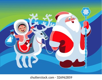 Eskimo girl sitting on a deer, which was accompanied by Santa Claus