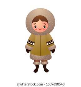 Eskimo girl in traditional ethnic winter clothes. Vector illustration in flat cartoon style.