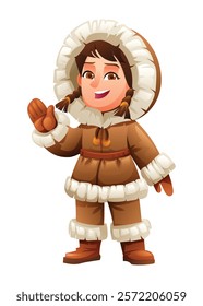 Eskimo girl waving in a cheerful pose, wearing traditional fur outfit. Vector cartoon character illustration