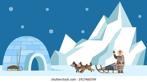 Eskimo harnesses dog for sleigh rides and waves his hand. Igloo indigenous person prepares to travel. Representative of eastern peoples lives in cold region. Man in Eskimo costume goes to igloo