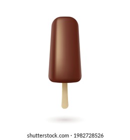 Eskimo ice cream on stick isolated. Fruit popsicle with chocolate glaze on white background. Tasty realistic sundae icecream dessert. 3d vector illustration