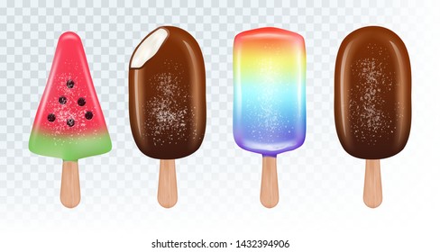 Eskimo ice cream vector set. Fruit ice and chocolate ice cream isolated on white background. Ice cream dessert, watermelon and rainbow slice illustration