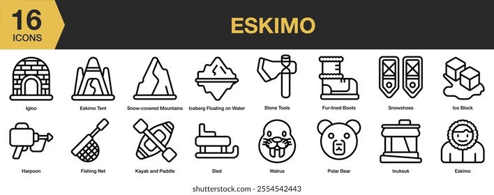 Eskimo icon set. Includes igloo, tent, snowshoes, ice block, sled, harpoon, and More. Outline icons vector collection.