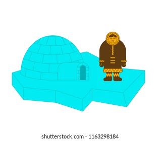 Eskimo and Igloo inuit isolated. arctic traditional  Man of north. Chukchi Vector illustration