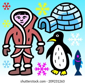 Eskimo, igloo, penguin, fish and snowflakes - vector illustration.