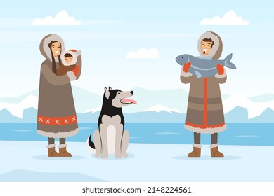 Ilustración del vector de captura de peces de la familia esquimal indígena con niños y perros Husky