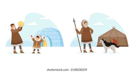 Eskimo Indigenous Man with Kid and Husky Dog Near Icy Igloo Vector Illustration