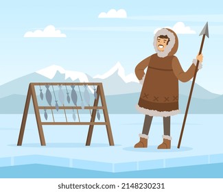 Eskimo Indigenous Man with Spear Near Fish Rack Vector Illustration