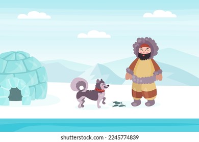 Eskimo indigenous man in traditional winter clothes feeding dog with fish on northern landscape cartoon vector