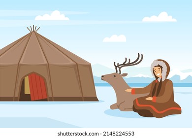 Eskimo Indigenous Woman with Deer Sitting Near Hut Vector Illustration