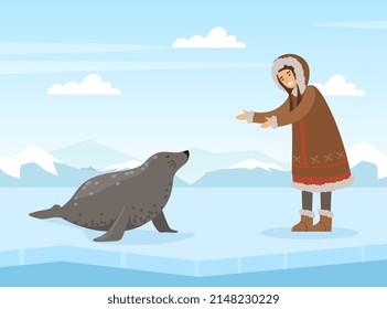 Eskimo Indigenous Woman with Hair Seal Vector Illustration