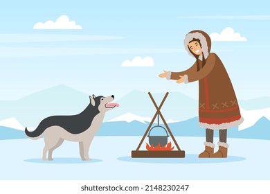 Eskimo Indigenous Woman with Husky Dog Warming Near Burning Fire with Cauldron Vector Illustration