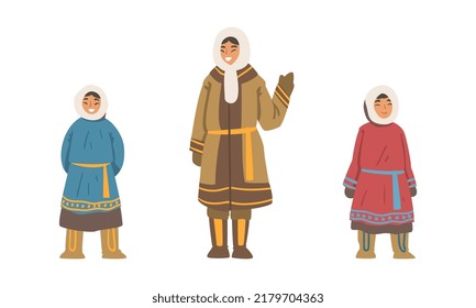 Eskimo Indigenous Woman and Kid Character Wearing Traditional Warm Clothes Vector Set