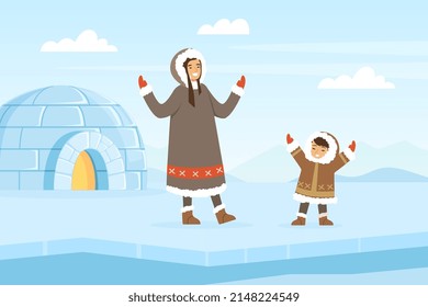 Eskimo Indigenous Woman with Kid Near Icy Igloo Vector Illustration