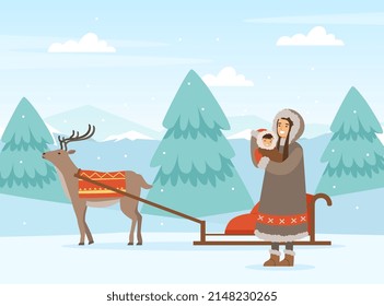 Eskimo Indigenous Woman with Kid Near Deer and Sledge Vector Illustration