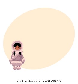 Eskimo, Inuit black haired girl in traditional sheepskin warm winter clothes, cartoon vector illustration with place for text. 