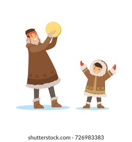 Eskimo, Inuit, Chukchi kids in traditional costume playing tambourine, northern people, life in the far north vector Illustration