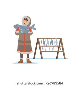 Eskimo, Inuit, Chukchi man character in traditional costume holding big fish, northern people, life in the far north vector Illustration