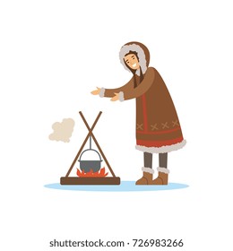 Eskimo, Inuit, Chukchi woman character in traditional costume cooking food in the pot over a bonfire, northern people, life in the far north vector Illustration