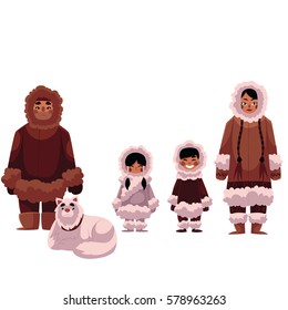 Eskimo, Inuit family of father, mother and kids with white sledge dog, cartoon vector illustration isolated on white background. Set of Eskimos, Inuit people in warm fur coats, northern life
