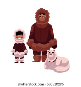 Eskimo, Inuit father and son in warm winter clothes with white fluffy sledge dog, cartoon vector illustration isolated on white background. Full length portrait of Eskimo, Inuit man and his son