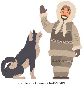 Eskimo, Inuit man in warm winter clothes with fluffy sledge dog isolated on white background. Full length portrait of northern resident shepherd or reindeer herder, traditional alaska nationality