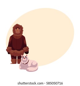 Eskimo, Inuit man in warm winter clothes with white fluffy sledge dog, cartoon vector illustration with place for text. Full length portrait of Eskimo, Inuit man and sledge dog