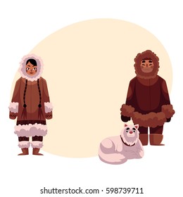 Eskimo, Inuit man and woman in warm winter clothes with white fluffy sledge dog, cartoon vector illustration with place for text. Full length portrait of Eskimo, Inuit couple and sledge dog